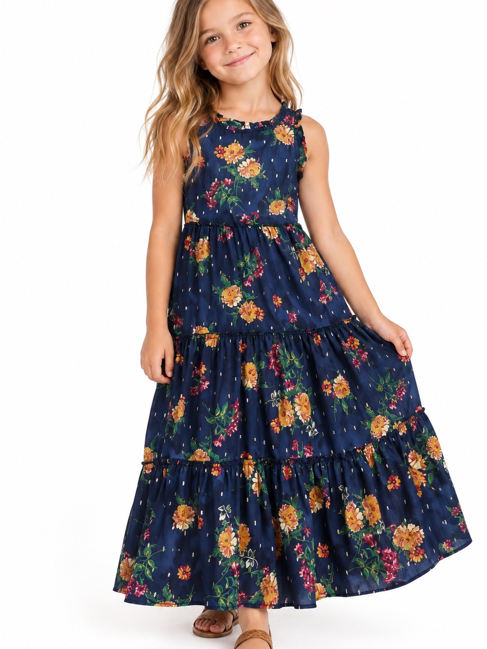 Zunie Girls' Floral Print Sleeveless Maxi Dress - Size 7/8